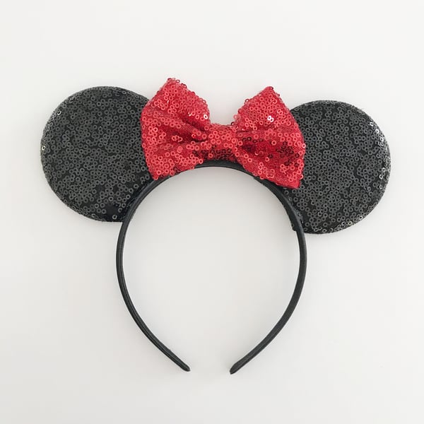 Image of Black sequin mouse ears with red sequin bow