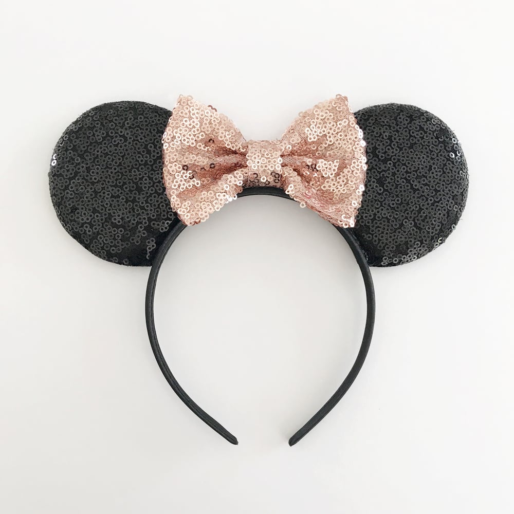 Image of Black sequin mouse ears with rose gold sequin bow