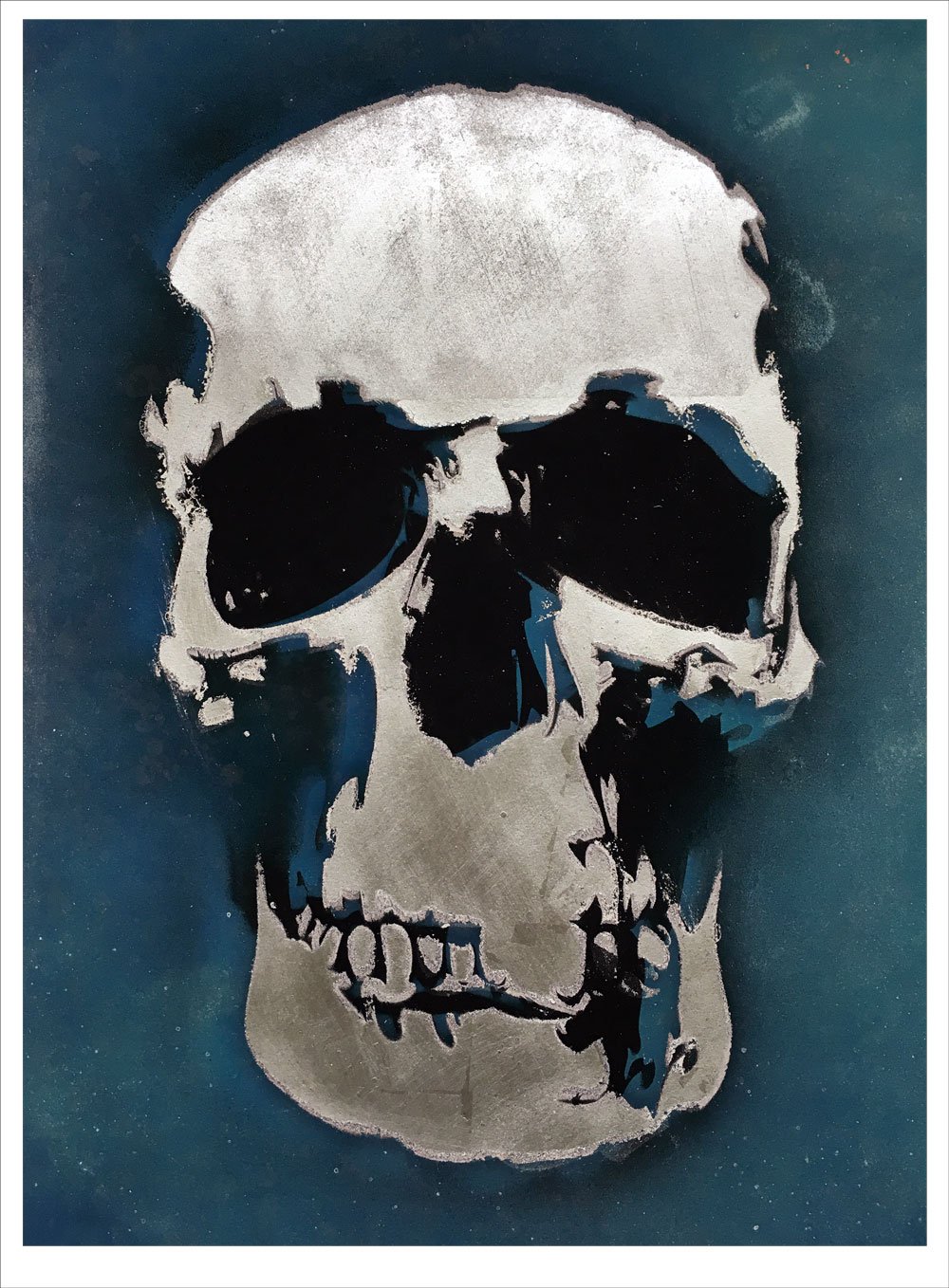 Image of 'Mr Blue Skull' silver leaf screen print.