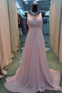 Image 1 of V-neckline Pink Chiffon Beaded Prom Dresses, Pretty Prom Dresses, Evening Dresses