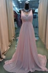V-neckline Pink Chiffon Beaded Prom Dresses, Pretty Prom Dresses, Evening Dresses