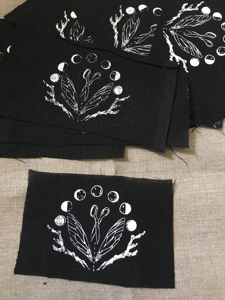 Image of Screen Printed Patch - Moon Phases etc on Black Linen