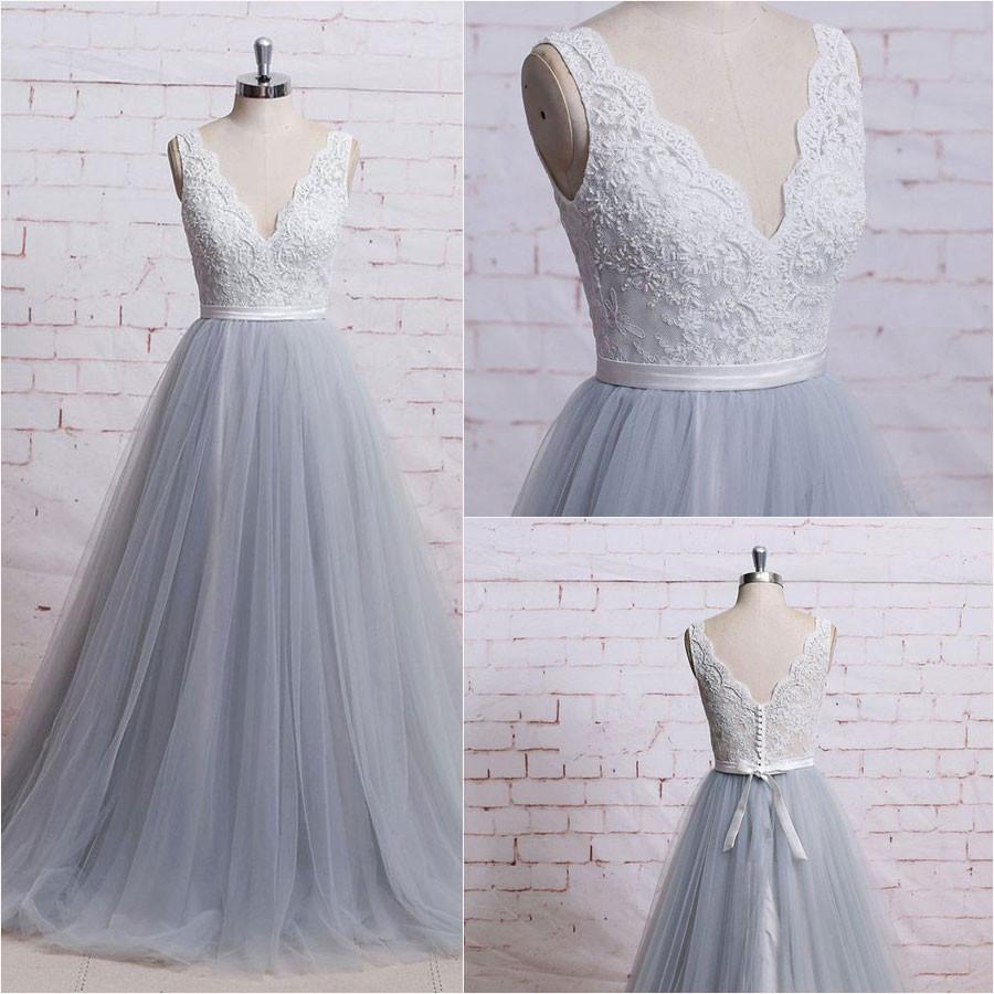 Grey Tulle V-neckline Long Prom Dresses, Grey Wedding Gowns, Formal Dresses