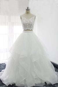 Image 1 of White Organza Two Piece Prom Dresses, Lace Top Prom Dresses, Party Gowns