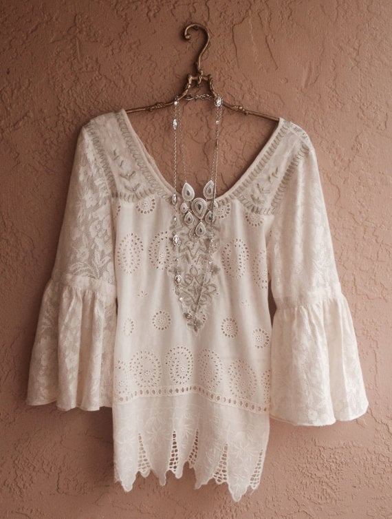 Rare Free People lace crochet and vintage tablecloth design peasant top ...