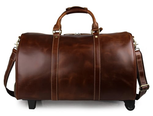 Image of Genuine Natural Leather Travel Bag with Wheels, Leather Trolley Bag, Duffle Bag 12026