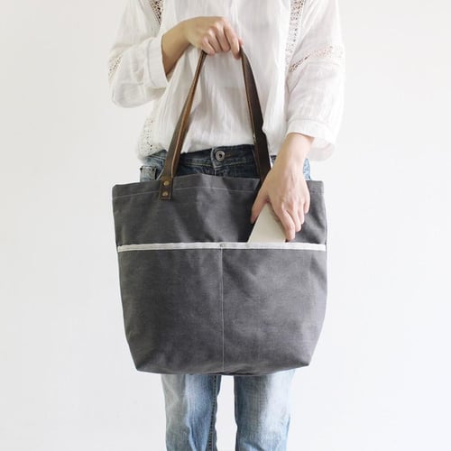 Waxed Canvas with Leather Tote Bag, Shoulder Bag, School Bag 14043 | MoshiLeatherBag - Handmade ...