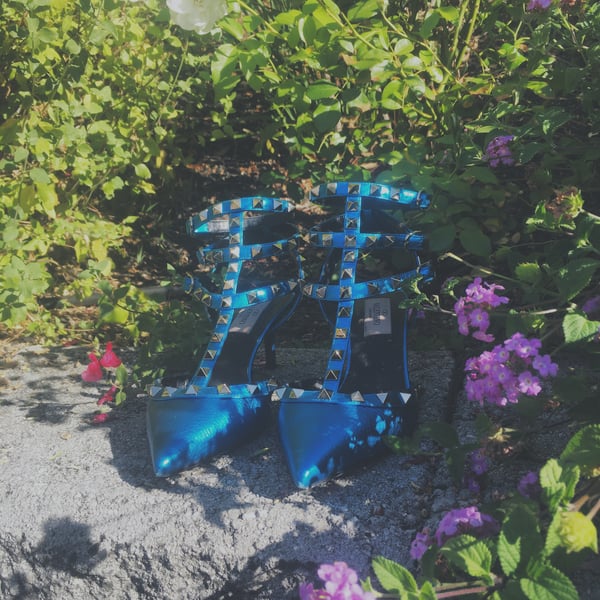 Image of Valentino Rockstud Metallic Blue Pumps