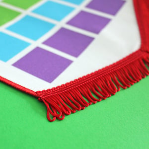 Image of Rainbow pin display pennant, enamel pin badge banner - BRIGHT colours / RED fringing 