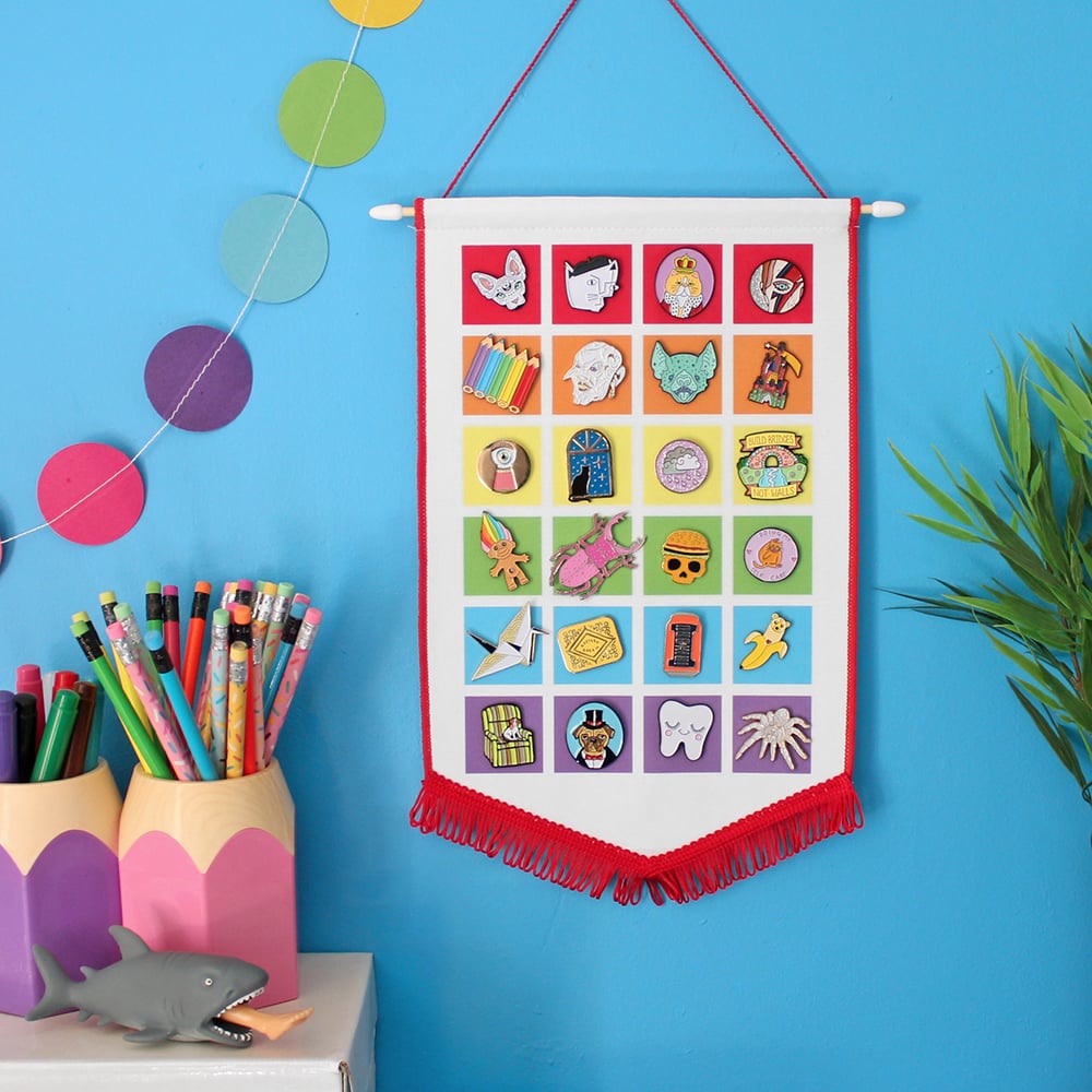 Rainbow pin display pennant, enamel pin badge banner - BRIGHT colours ...