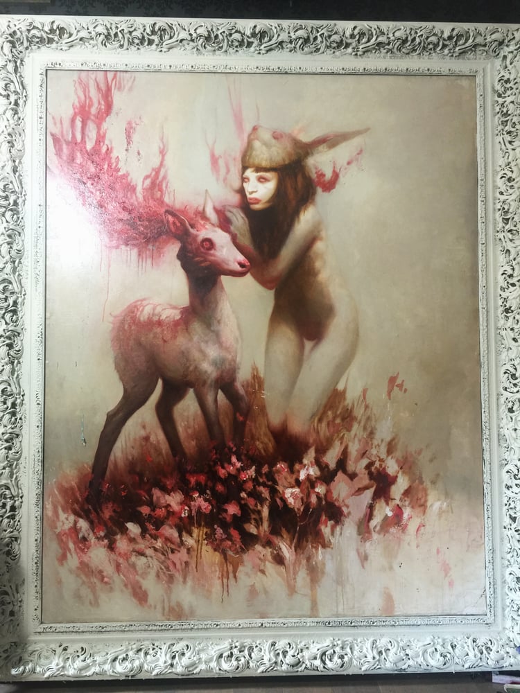 Image of 'Girl w/ bunny mask whispering to Albino deer' - 22 x 17" - Limited Edition Museum Archival Print