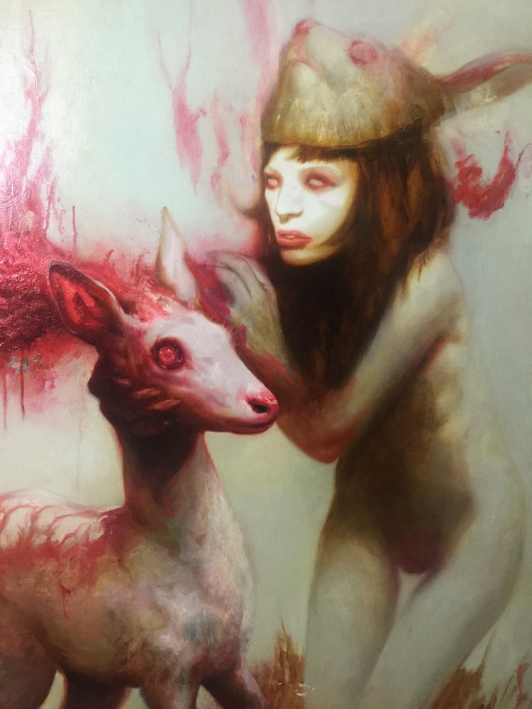 Image of 'Girl w/ bunny mask whispering to Albino deer' - 10 x 9" - Open Edition Museum Archival Print