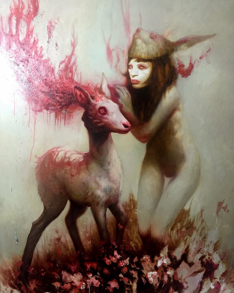 Image of 'Girl w/ bunny mask whispering to Albino deer' - 42 x 37" - Deluxe Limited Edition Museum Print