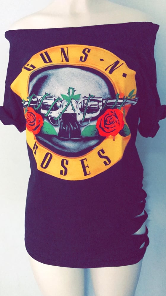 Image of Guns and Roses T Shirt Women's Dress Over sized T Shirt Off Shoulder Distressed