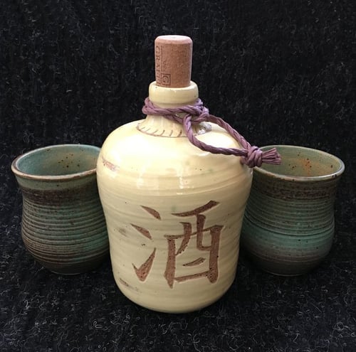 Image of Antiqued Sake Bottle and Cups