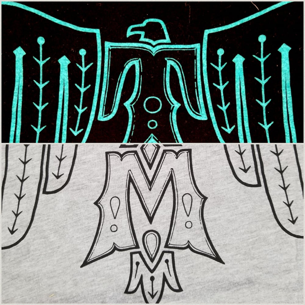 Image of Grey heathered Tee with black ink and black tee with turquoise ink