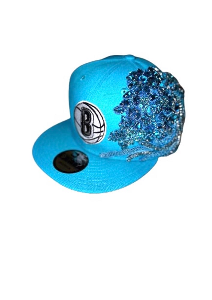 Image of Mitchell & Ness “Brooklyn Nets”BLING SnapBack (7 days to ship) (aqua blue) 