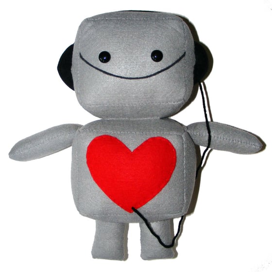Image of Large Gray Robot Plush Toy with Headphones