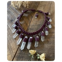 Image 3 of The Empress Necklace - Clear Quartz Crystals and Plum Purple Leather