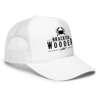 Image 6 of Brackish Wooder Foam Trucker Hat – Black Logo with Chesapeake Blue Crab | Snapback Mesh Cap