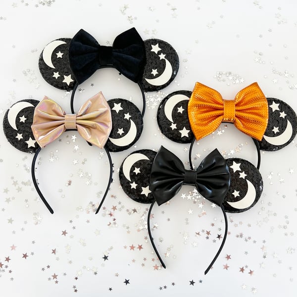 Image of Moon and Stars Mouse Ears with Black, Orange + Copper Bows