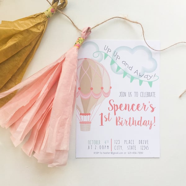 Image of Up, Up, and Away! Hot Air Balloon Theme Birthday Invitation