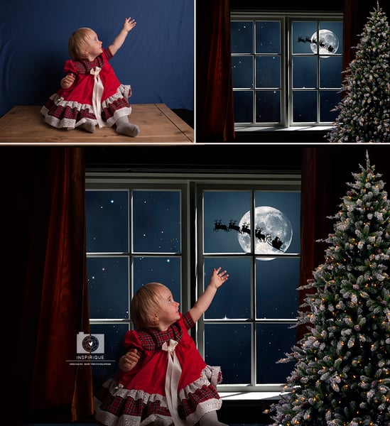 Image of Waiting for Santa/ Christmas window/ Santa over moon/ holiday window - digital background
