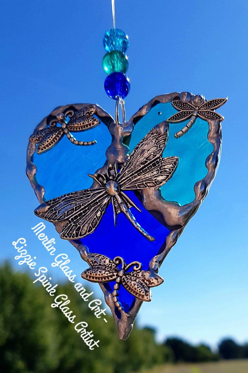 Image of Blue/green Dragonfly trio heart - Made to order - 3 wks uk delivery