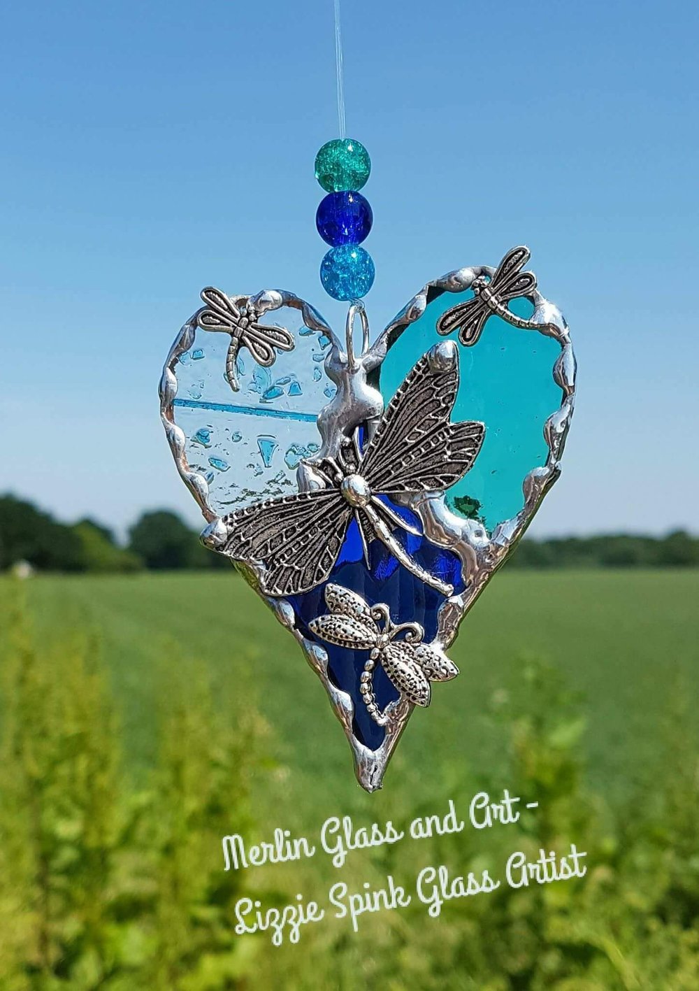 Image of Blue/green Dragonfly trio heart - Made to order - 3 wks uk delivery