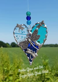 Image 4 of Blue/green Dragonfly trio heart - Made to order - 3 wks uk delivery