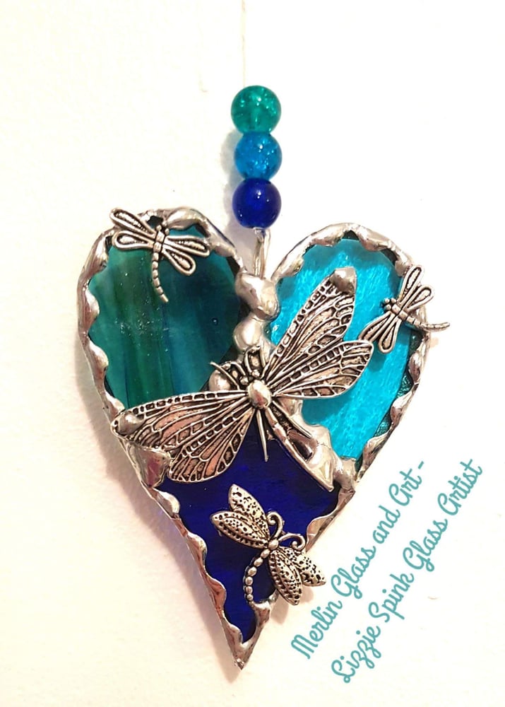 Image of Blue/green Dragonfly trio heart - Made to order - 3 wks uk delivery