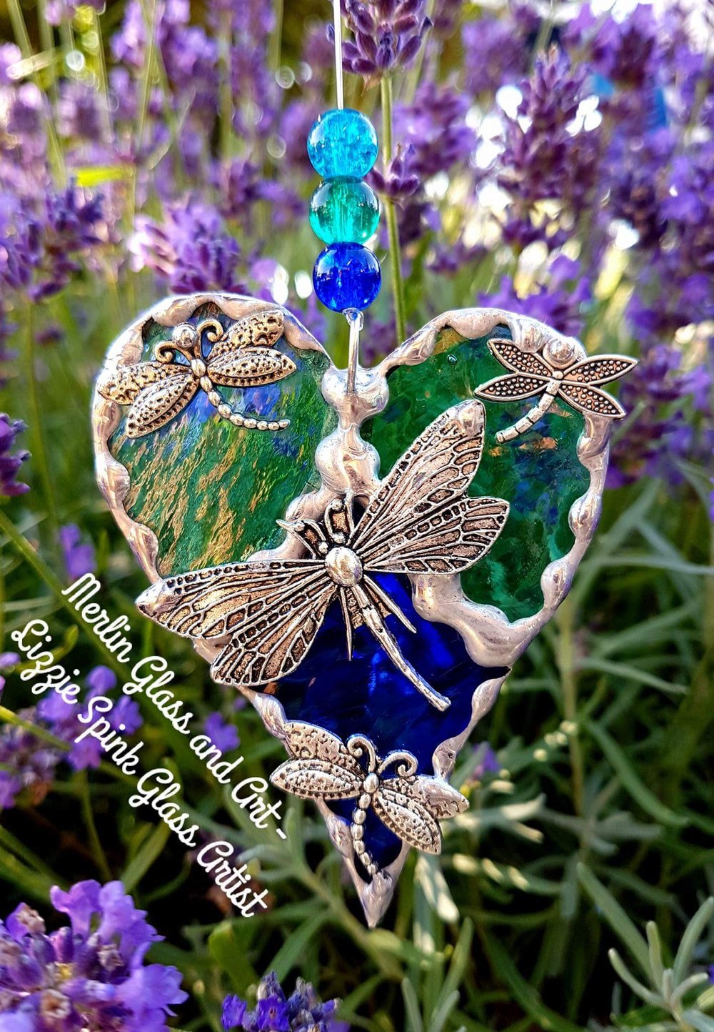 Image of Blue/green Dragonfly trio heart - Made to order - 3 wks uk delivery