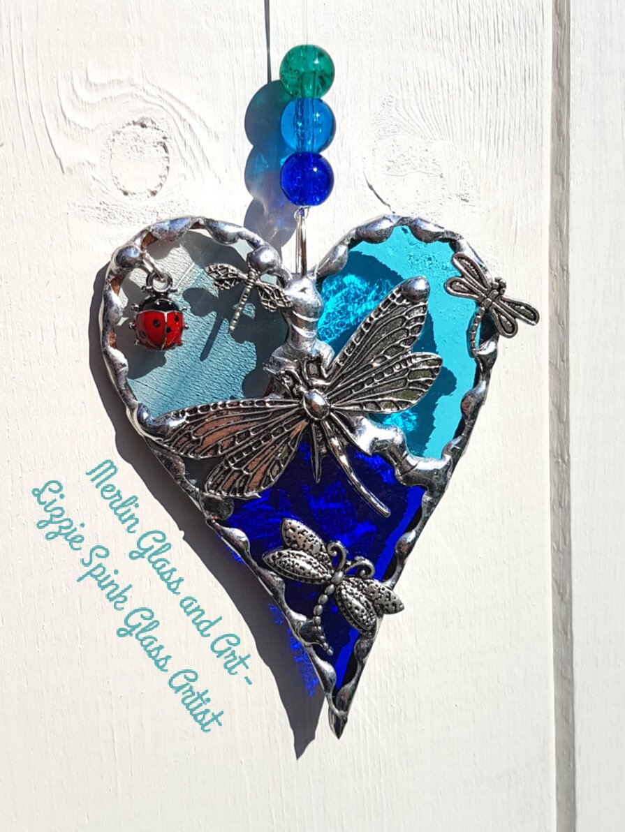 Image of Blue/green Dragonfly trio heart - Made to order - 3 wks uk delivery
