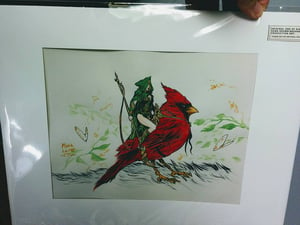 Image of inked and water colored pixie woman on cardinal