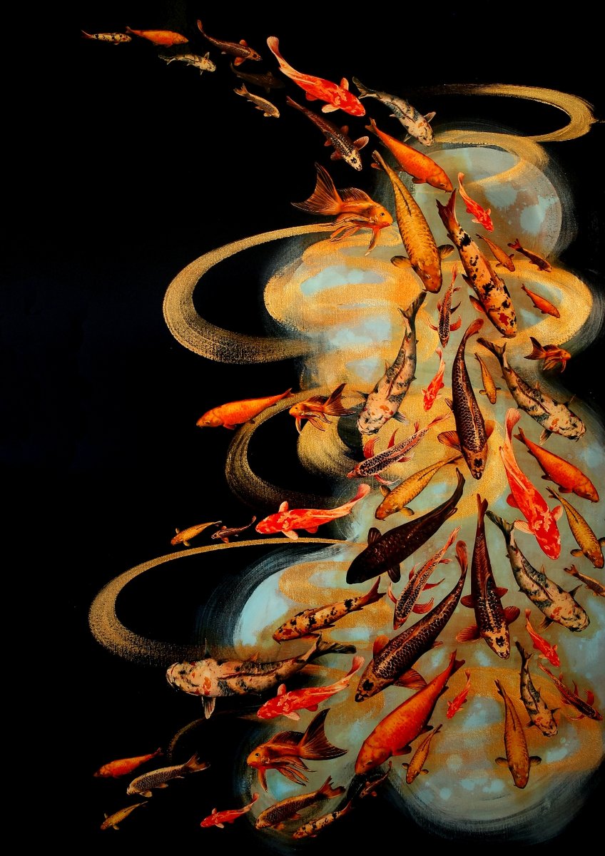 Lily Greenwood Giclée Print -Koi on Black/Pale Blue/Gold -A2 (Open ...