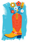 Howdy Love Cowboy Boot & Flowers Silkscreen Art Print  