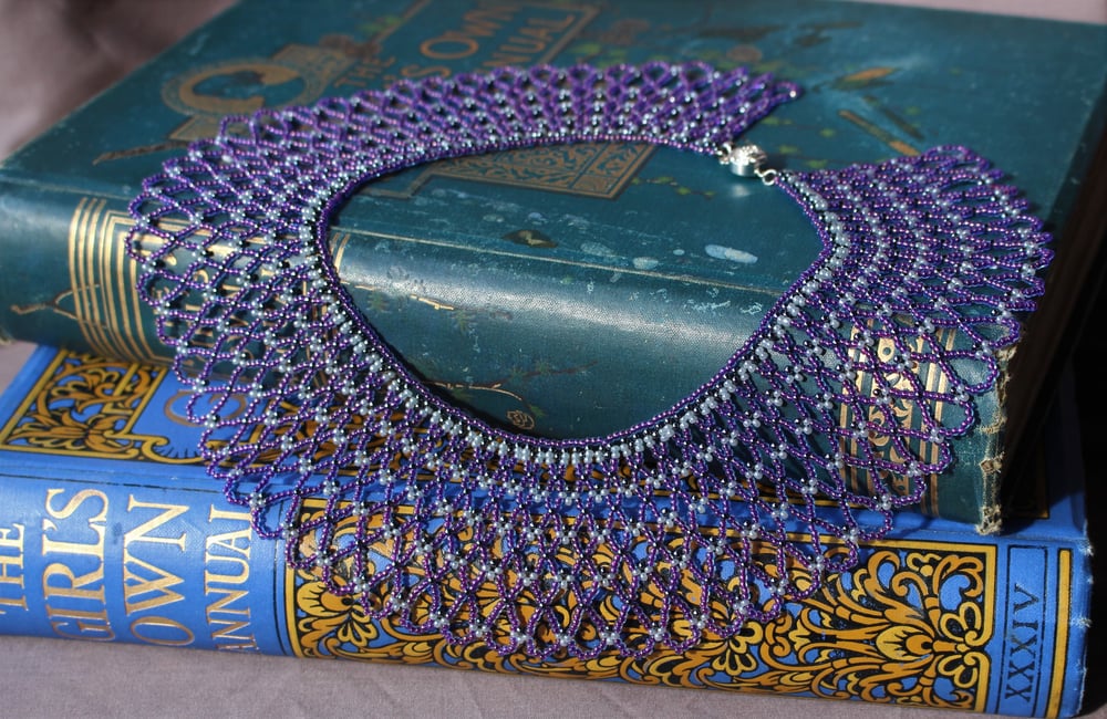 Image of Purple and silver beadwork lace collar