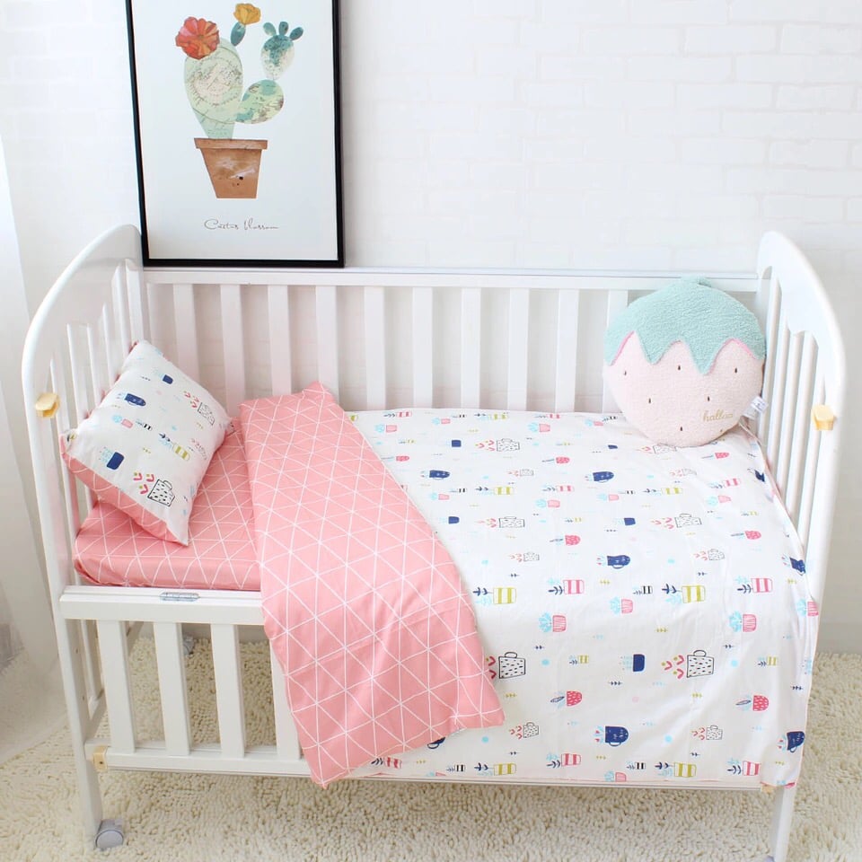 Image of 3 Pcs Baby Bedding Set 100% Cotton Crib Bedding Set Baby Bed Linen Includes Pillowcase Bed Sheet