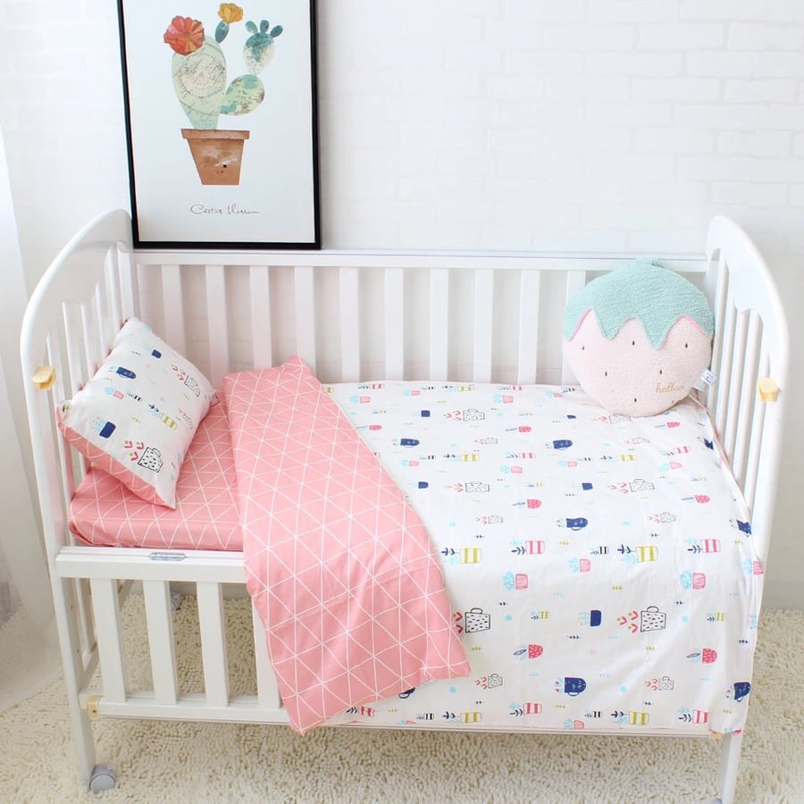 Image of 3 Pcs Baby Bedding Set 100% Cotton Crib Bedding Set Baby Bed Linen Includes Pillowcase Bed Sheet