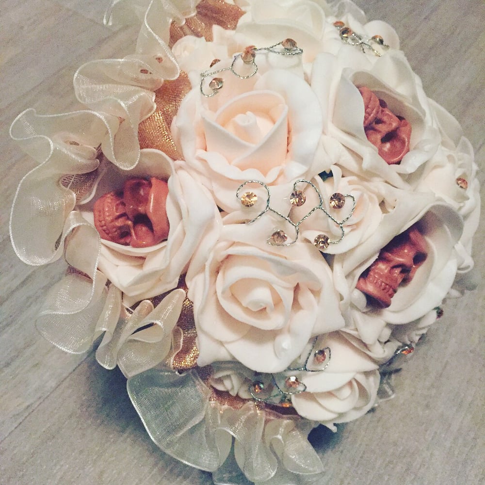 Image of Rose gold, skull themed round bridal bouquet