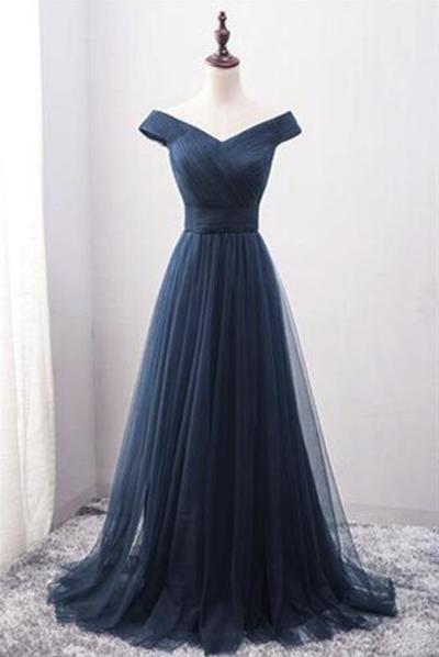 Off Shoulder Blue Tulle Floor Length Formal Dresses, Elegant Party Dresses, Bridesmaid Dresses