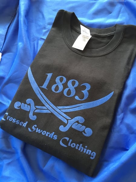Image of Black T Shirt with Crossed Swords Blue Detailing (Free UK postage)