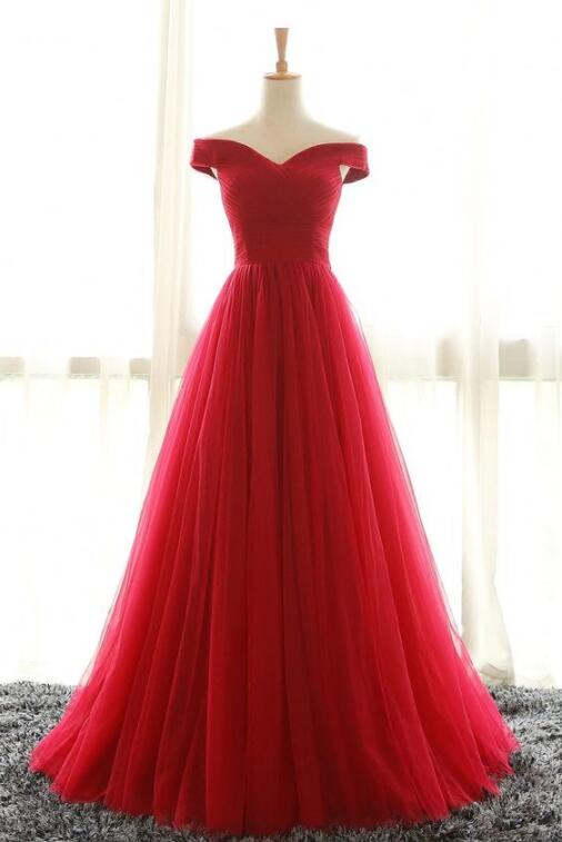 Red Off Shoulder Tulle Long Party Dress, Red A-line Tulle Formal Dress Prom Dress