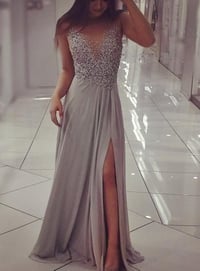 Image 1 of Grey Chiffon Slit Sequins Long Formal Dresses, Prom Dresses, Party Dresses