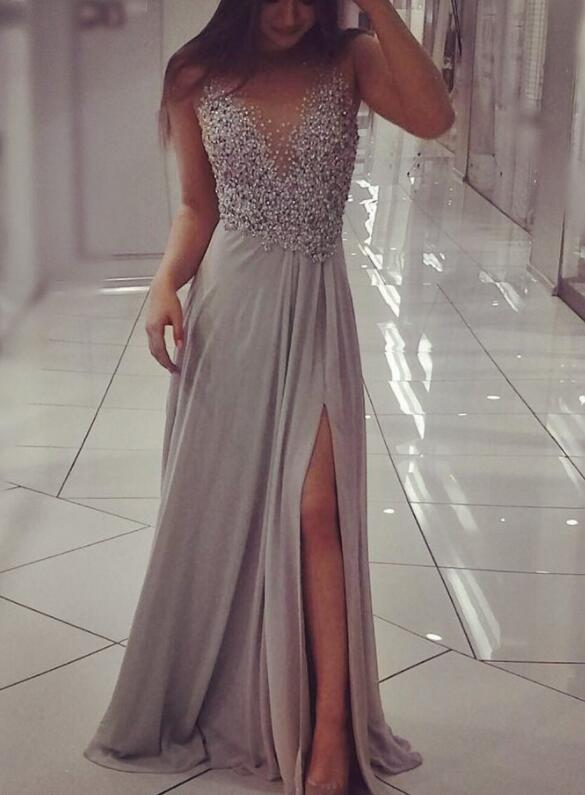 Grey Chiffon Slit Sequins Long Formal Dresses, Prom Dresses, Party Dresses