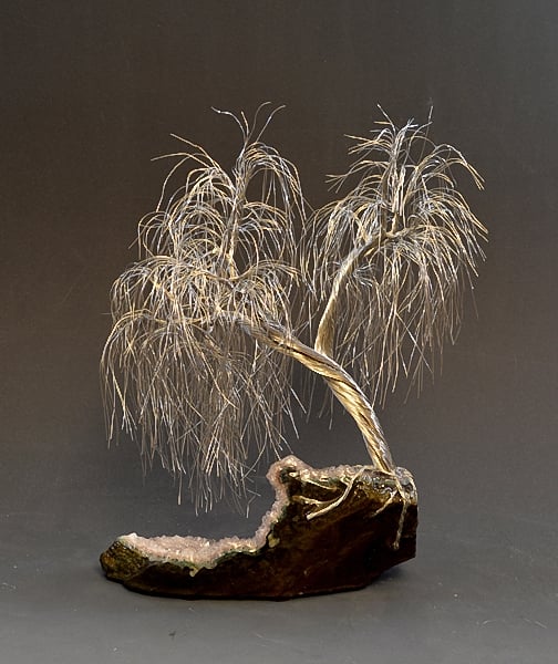 Image of Weeping Willow Silver Wire Tree Art Sculpture with Amethist mineral - 2297 - FREE SHIPPING