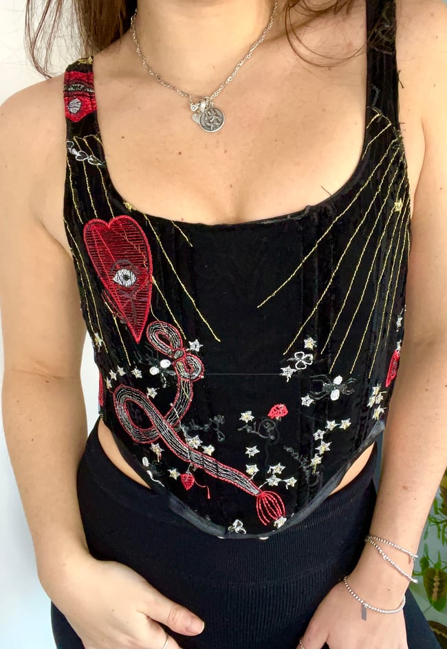 Handmade sun and heart embroidered tulle corset