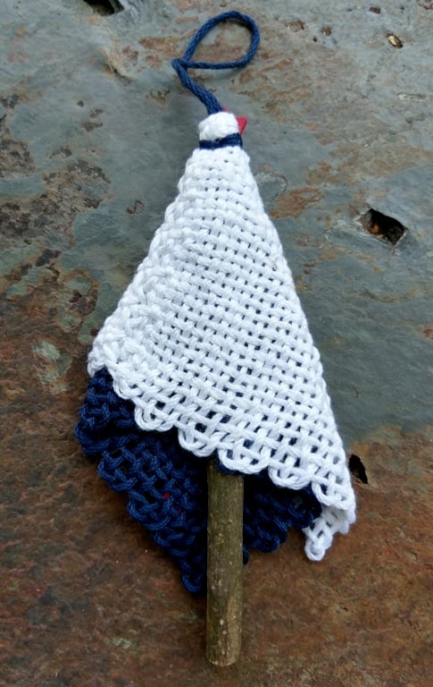 Image of Blue, White, Red Tree Ornament, handwoven