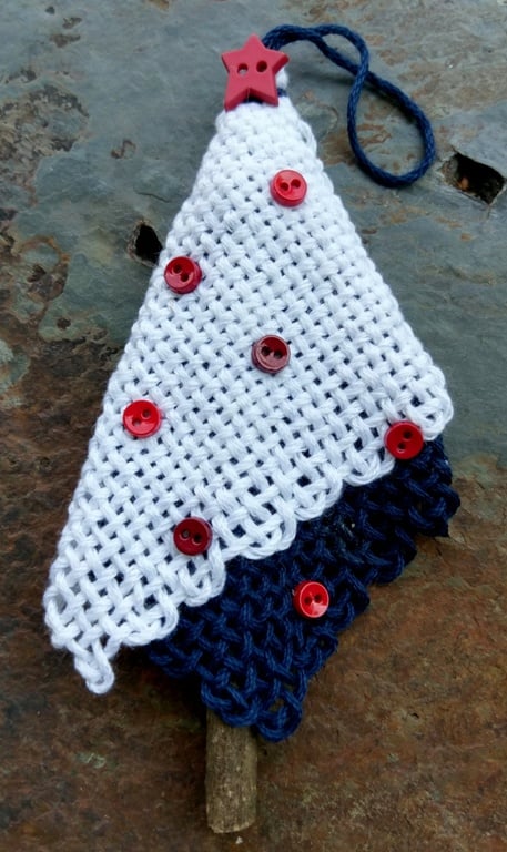Image of Blue, White, Red Tree Ornament, handwoven