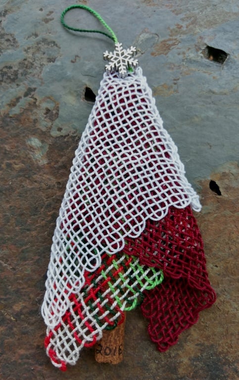Image of Silver Snowflake Red Lace Tree Ornament, handwoven